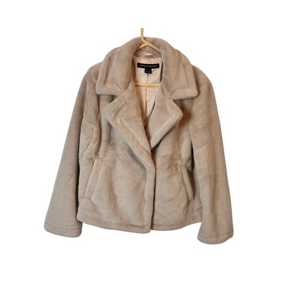 French Connection Large Women Winter Faux Fur Short Coat Notched Lapel Jacket - Picture 6 of 11